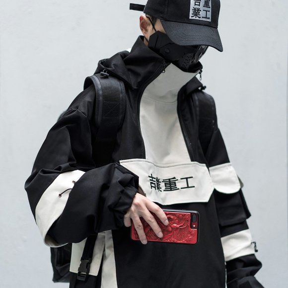 Techwear Streetwear Down Jacket Windbreaker Coat hi-j1-black - Picture 2 of 6